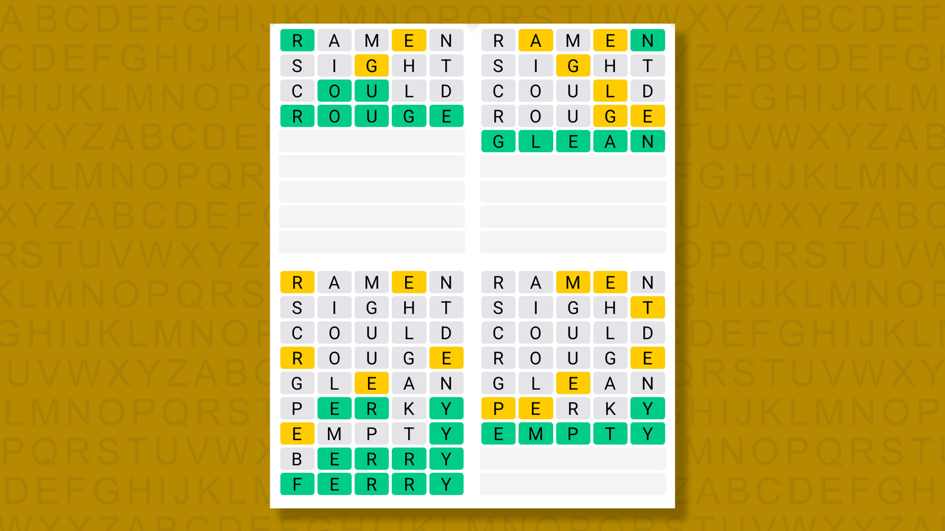 Quordle answers for game 1404 on a yellow background