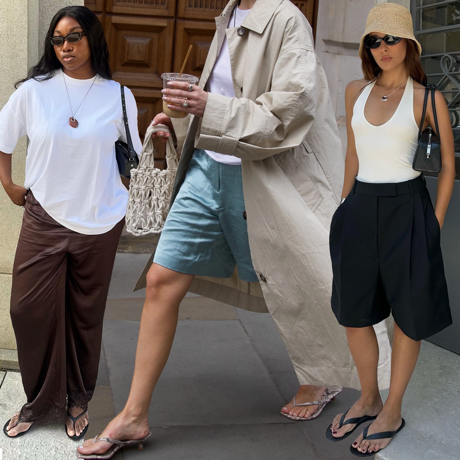 fashion collage featuring three European style influencers wearing chic summer 2026 outfit ideas with flip-flop sandals