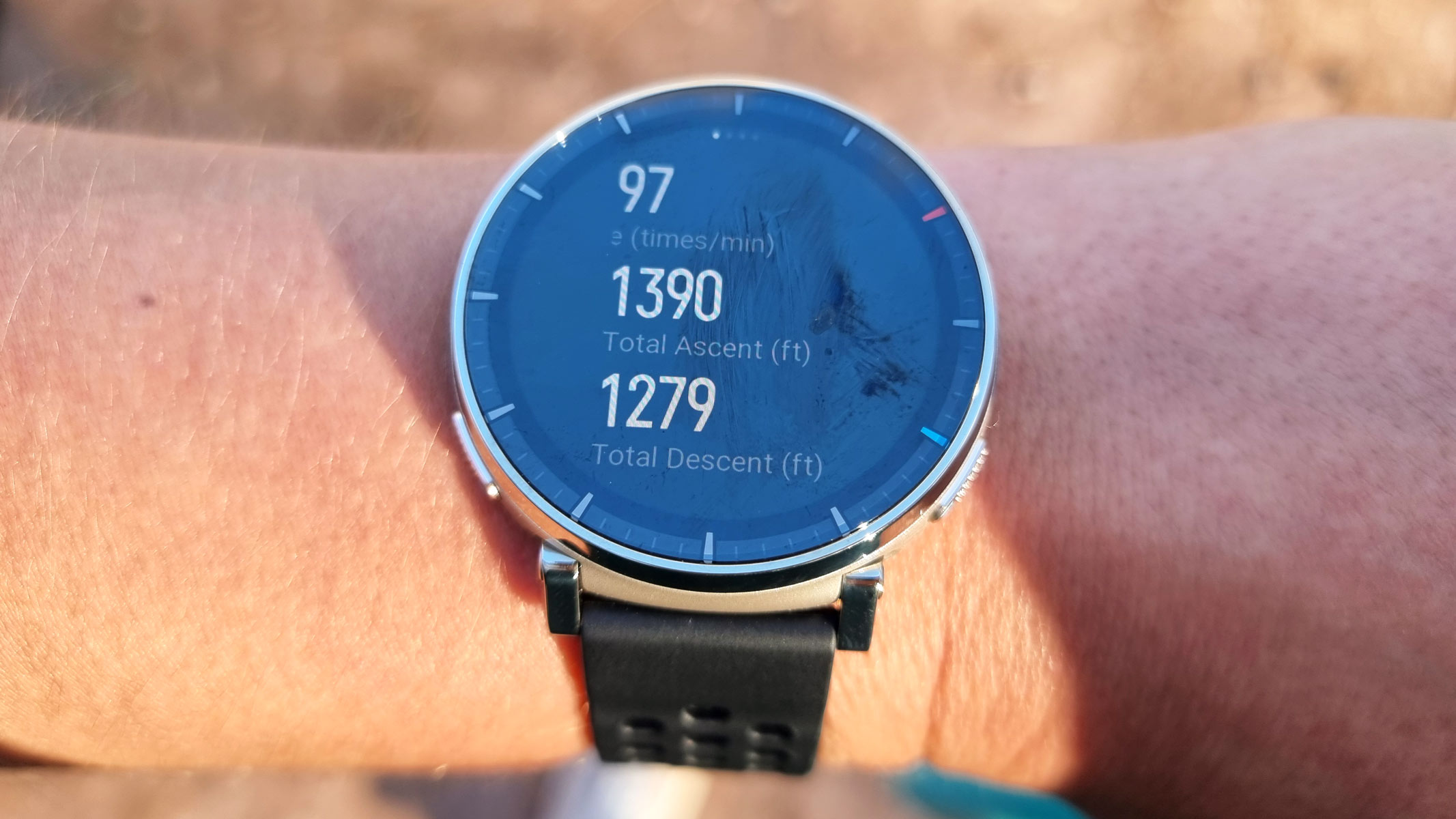 a close-up picture of the Amazfit Active 3 Premium smartwatch displaying our reviewer's altitude-focused hiking stats