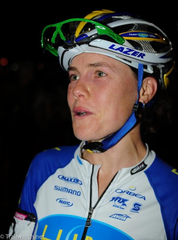 Olympic bronze medalist Georgia Gould (Luna Pro Team) being interviewed after the race