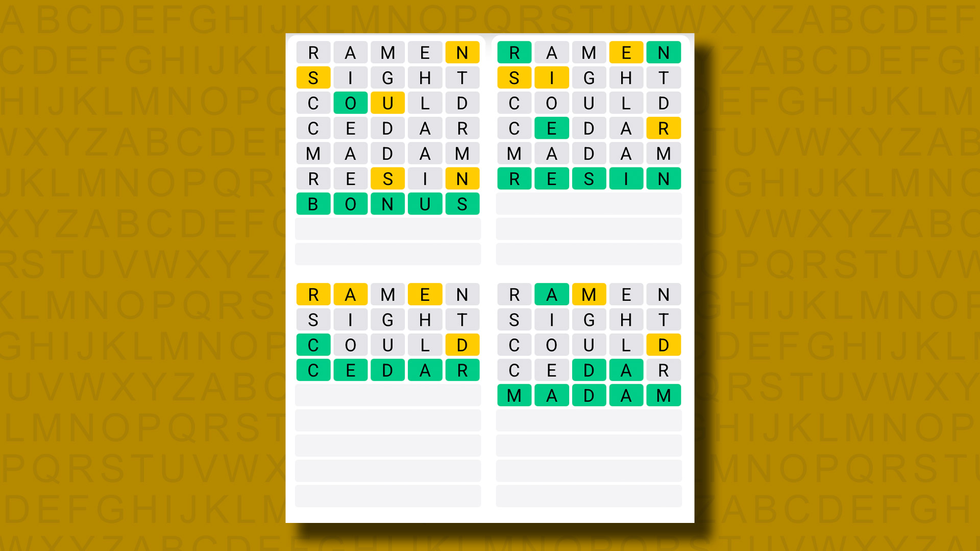 Quordle answers for game 1278 on a yellow background