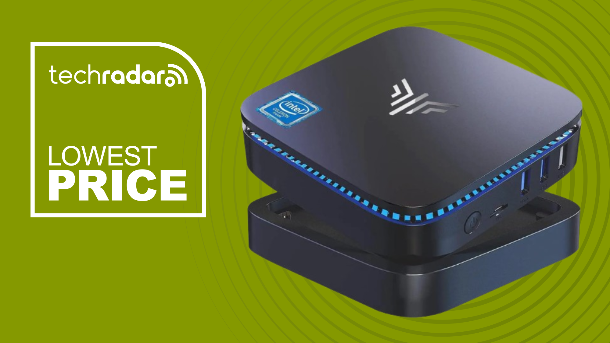 Kamrui AK1 Plus on a green background next to a TechRadar badge reading &#039;Lowest Price&#039;