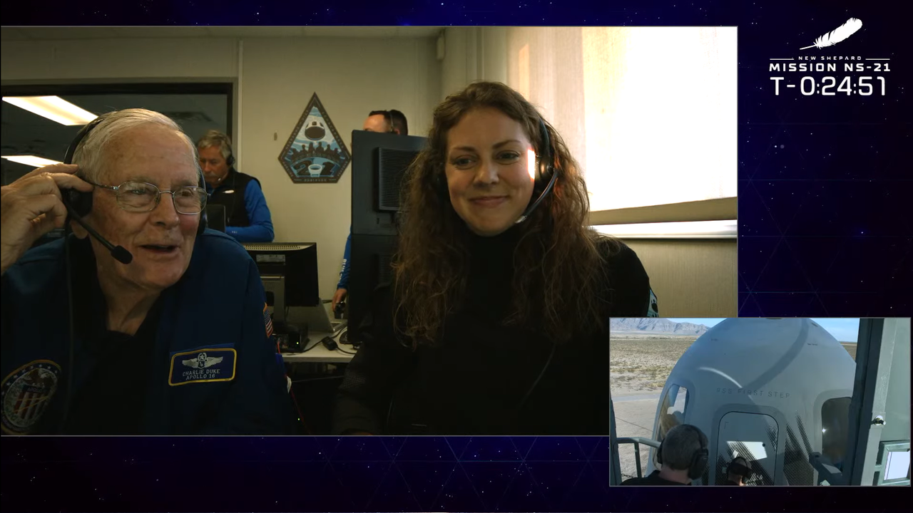 Apollo astronaut Charlie Duke in Blue Origin mission control wishes the six astronauts of NS-21 good luck on June 4, 2022.