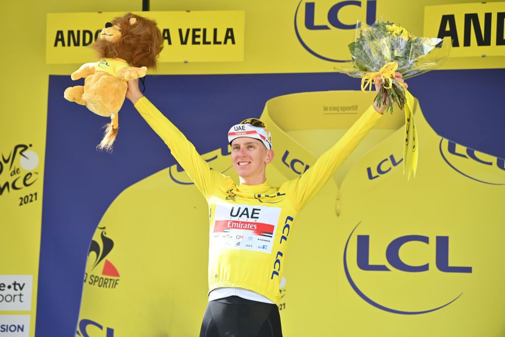 Slovenian Tadej Pogacar of UAE Team Emirates celebrates on the podium in the yellow jersey of leader in the overall ranking after stage 15 of the 108th edition of the Tour de France cycling race from Ceret to AndorrelaVieille 1913 km in Andorra Sunday 11 July 2021 This years Tour de France takes place from 26 June to 18 July 2021BELGA PHOTO DAVID STOCKMAN Photo by DAVID STOCKMANBELGA MAGAFP via Getty Images