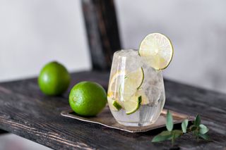 A glass of gin and tonic with slice of lime