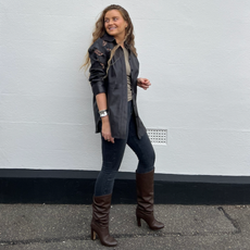 lauren cunningham wears topshop joni jeans boots and leather jacket