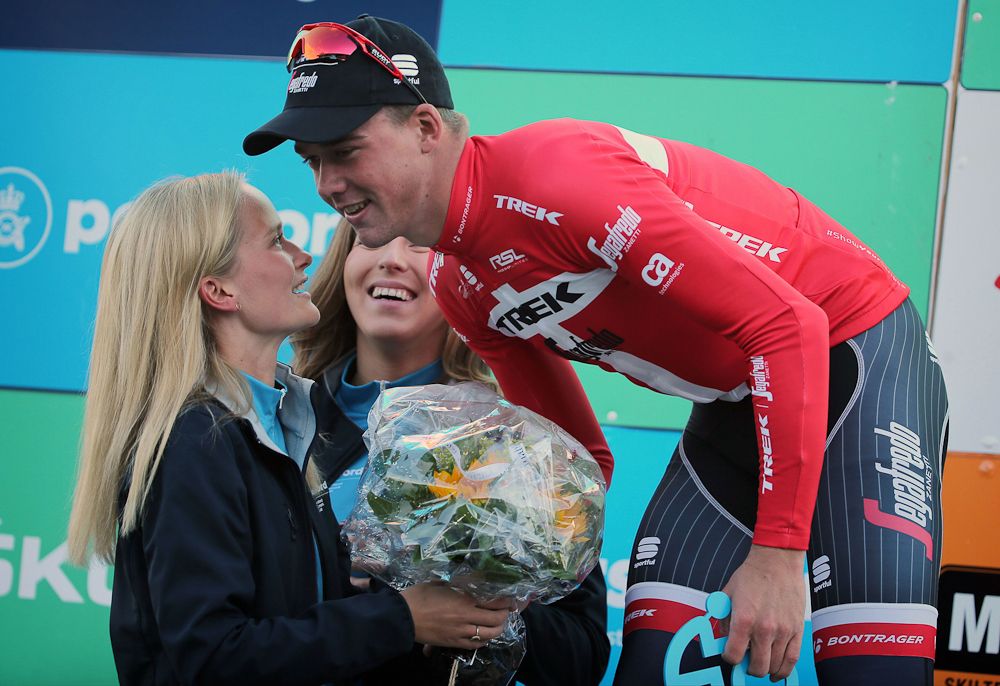 Mads Pedersen on the podium after winning stage 3 at the Tour of Denmark
