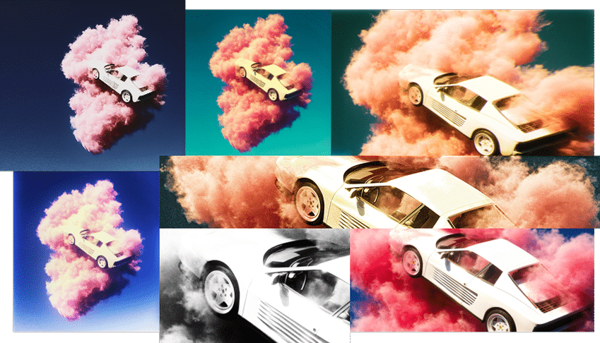 Montage of images of a car and smoke edited in DxO Nik Collection 8 Color Efex