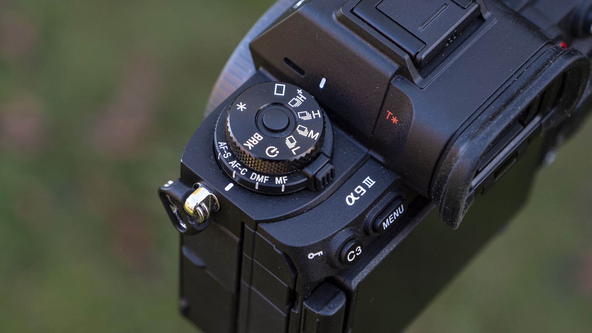 Closeup of the shooting mode dial on the Sony A9 III's top plate