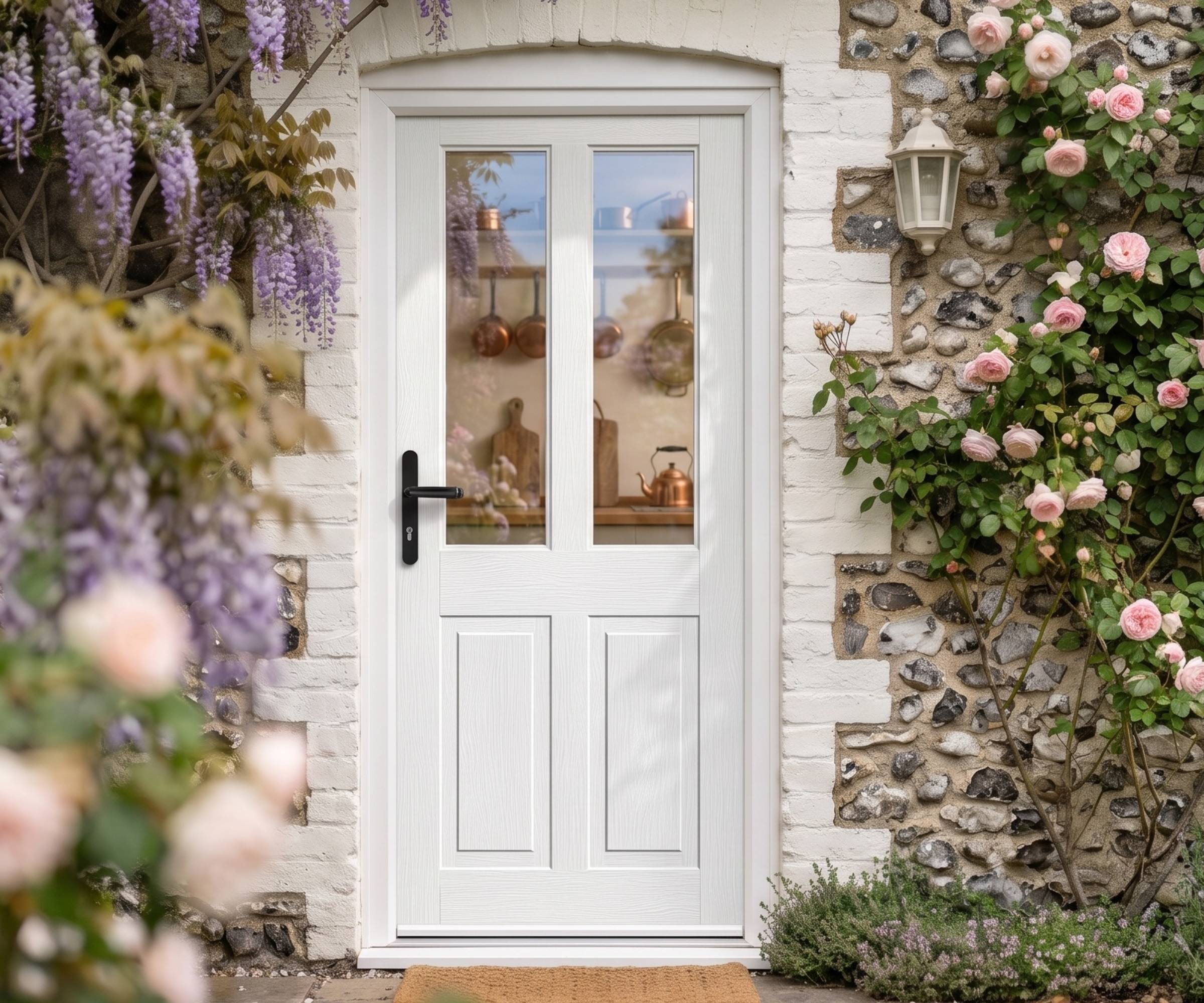 White front door with black handle by Rockdoor