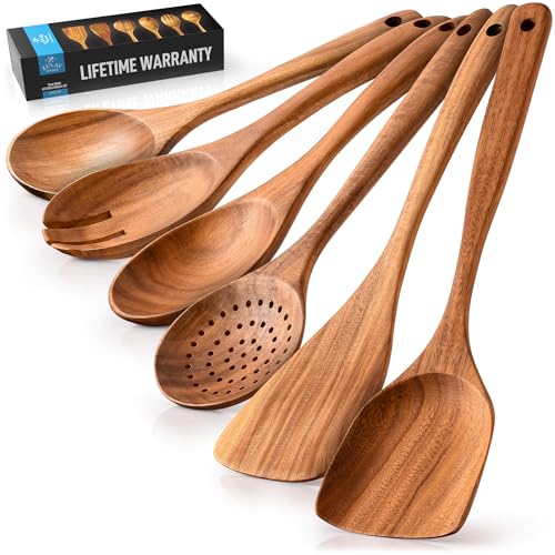 Zulay Kitchen 6-Piece Wooden Cooking Spoons Set &amp;ndash; Heat-Resistant, Smooth Teak Utensils With Comfort Grip &amp;ndash; Lightweight &amp;amp; Durable &amp;ndash; Easy to Clean, Perfect for Non-Stick Cookware