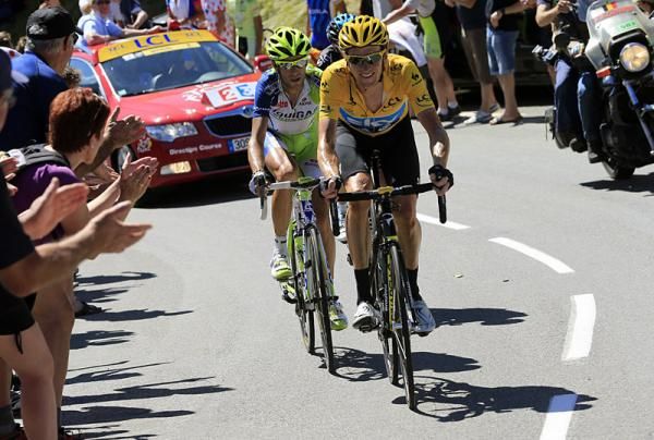 Bradley Wiggins (Sky) leads Vincenzo Nibali (Liquigas-Cannondale) and Chris Froome (Sky) near the top of the Col de Peyresourde.