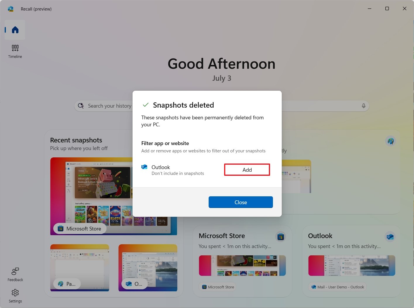 Recall after deletion exclusion