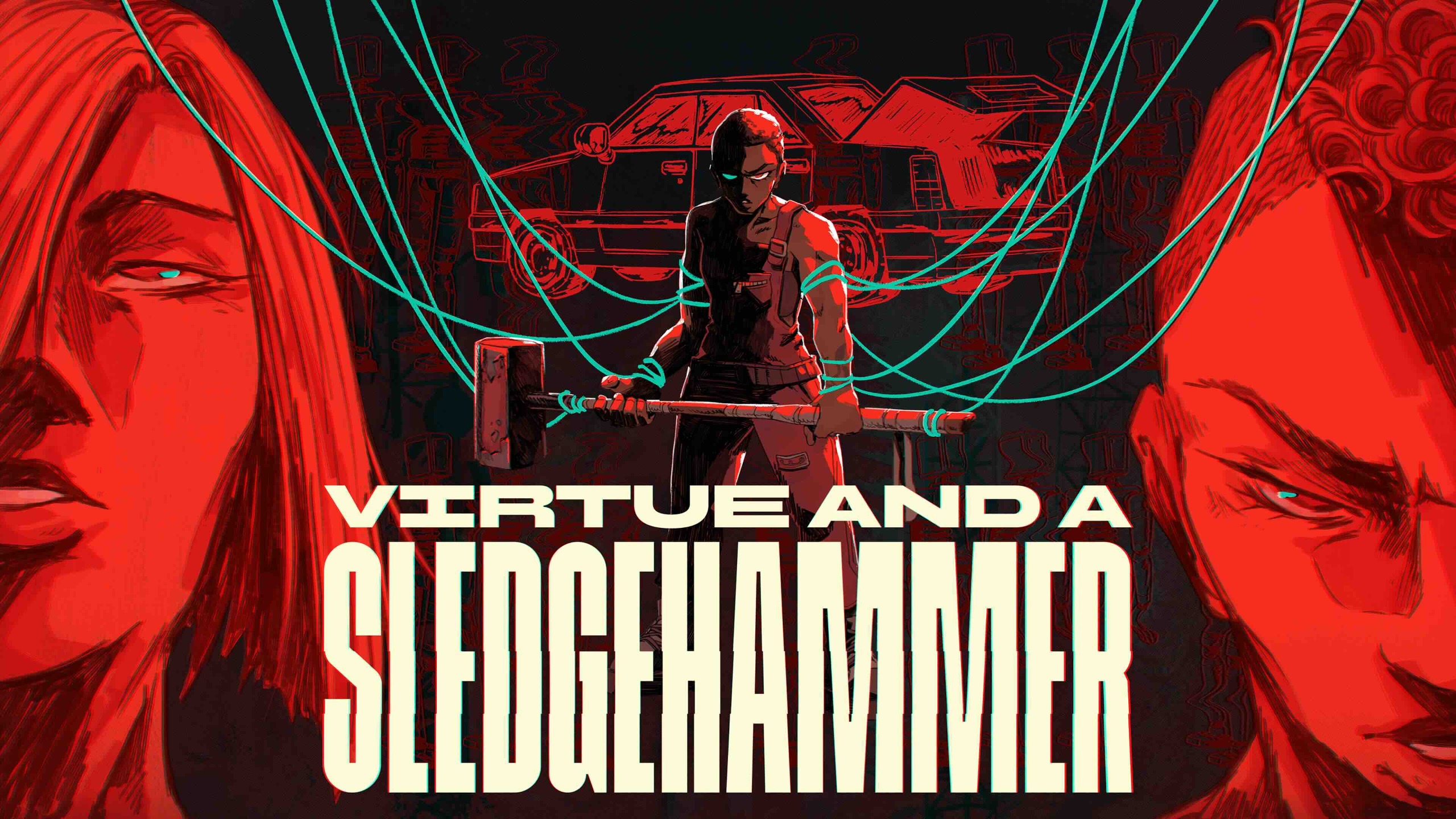 A figure bound with wires and wielding a sledgehammer stands between two half-occluded faces. The Virtue and a Sledgehammer logo is overlaid on top.