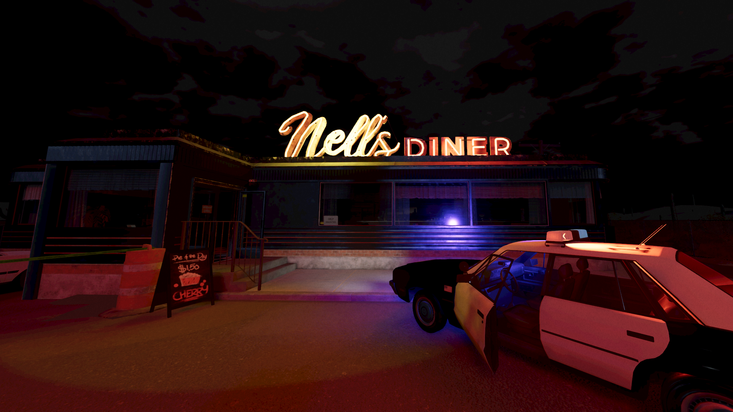 The outside of Nell's Diner in Phasmophobia with a glowing neon sign and abandoned cop car