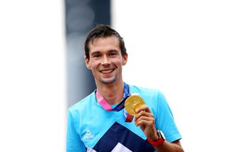 OYAMA JAPAN JULY 28 Primoz Roglic of Team Slovenia poses with the gold medal after the Mens Individual time trial on day five of the Tokyo 2020 Olympic Games at Fuji International Speedway on July 28 2021 in Oyama Shizuoka Japan Photo by Tim de WaeleGetty Images