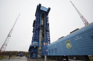 The European Space Agency's Sentinel-5P satellite is hoisted up onto its Rocket launch vehicle at Russia's Plesetsk Cosmodrome ahead of a planned Oct. 13, 2017, launch.