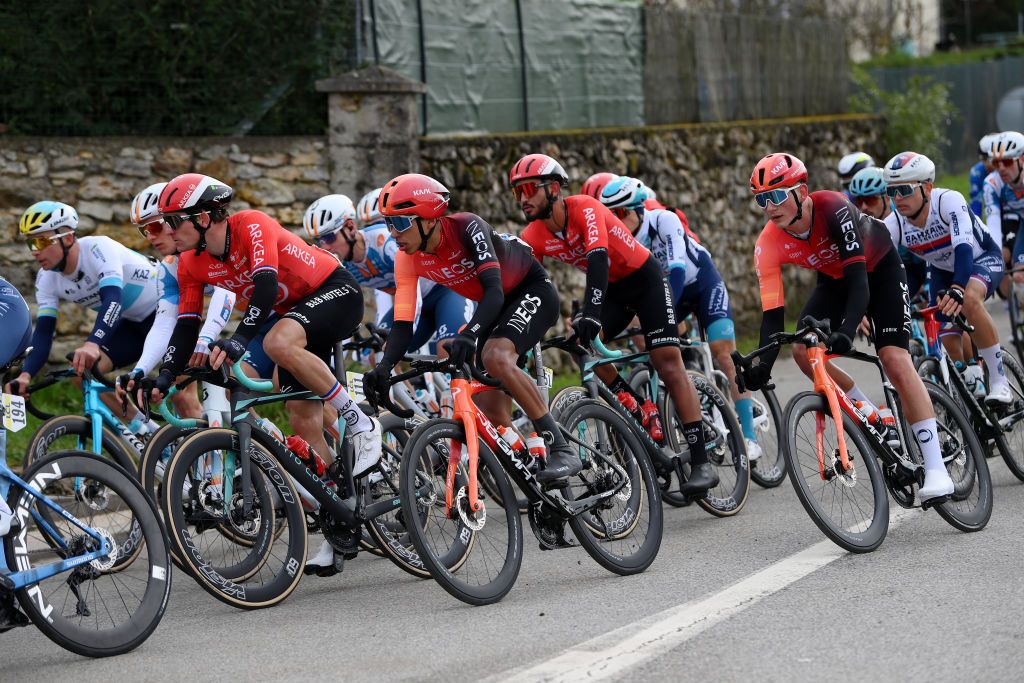 LES MUREAUX FRANCE MARCH 03 LR Arnaud Demare of France and Team Arkea BB Hotels Egan Bernal of Colombia and Joshua Tarling of The United Kingdom and Team INEOS Grenadiers compete during the 82nd Paris Nice 2024 Stage 1 a 1577km stage from Les Mureaux to Les Mureaux UCIWT on March 03 2024 in Les Mureaux France Photo by Alex BroadwayGetty Images