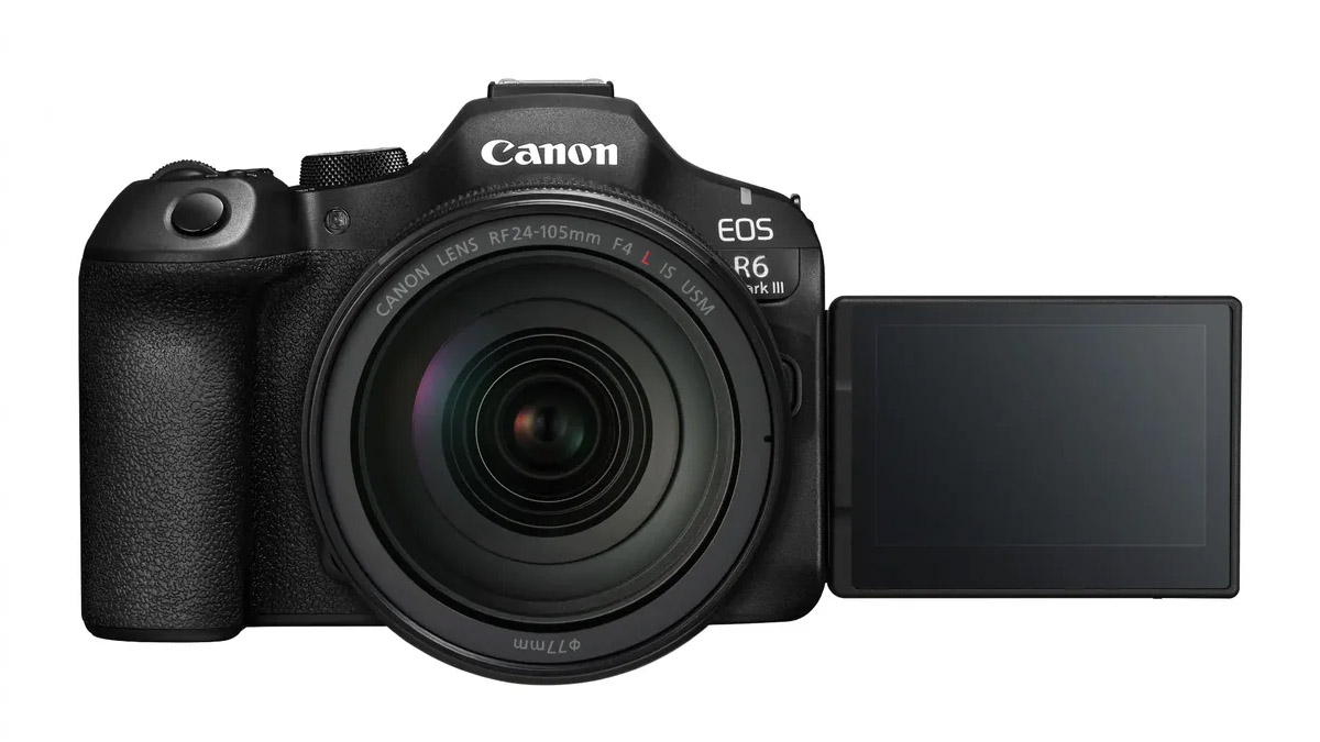 A press shot from Canon of the EOS R6 Mark III on white looking front on to us with the vari-angle LCD screen flipped out
