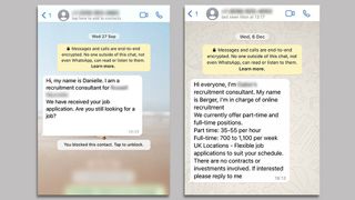 Two Whatsapp messages showing recruitment scams
