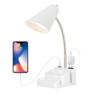 A white lamp with a gooseneck and a phone attached to it