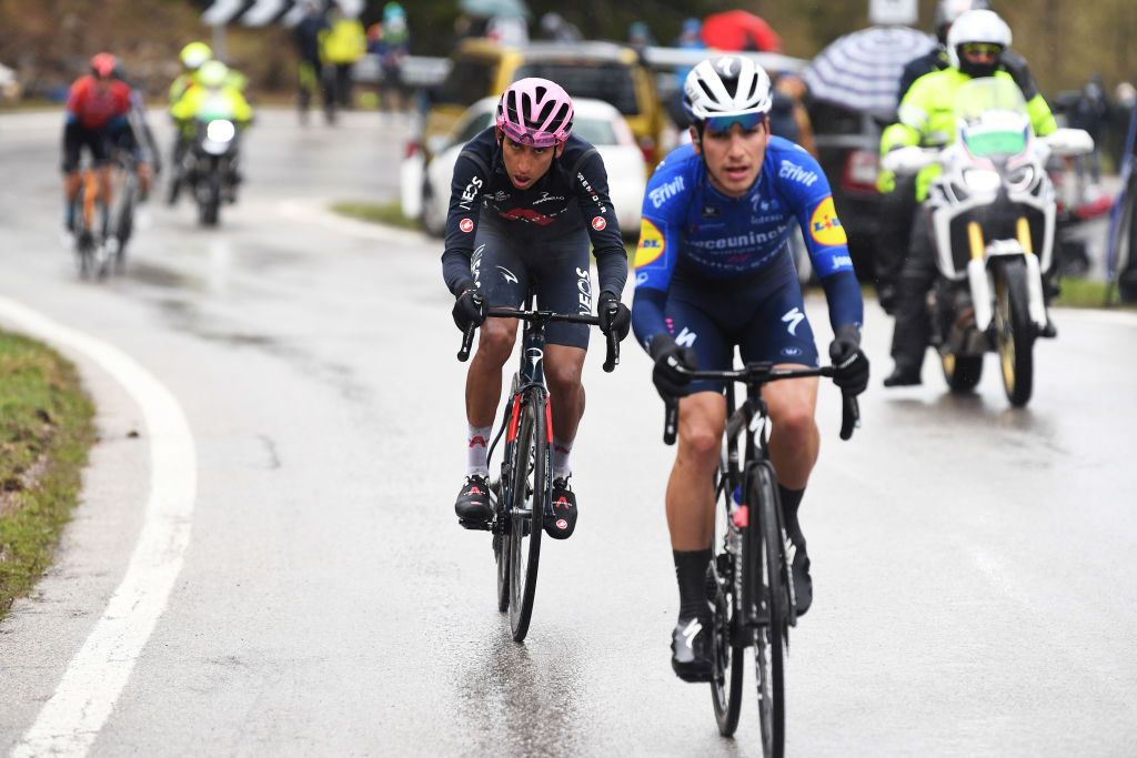 CORTINA DAMPEZZO ITALY MAY 24 Egan Arley Bernal Gomez of Colombia and Team INEOS Grenadiers Pink Leader Jersey in breakaway during the 104th Giro dItalia 2021 Stage 16 a 153km stage shortened due to bad weather conditions from Sacile to Cortina dAmpezzo 1210m girodiitalia Giro on May 24 2021 in Cortina dAmpezzo Italy Photo by Tim de WaeleGetty Images