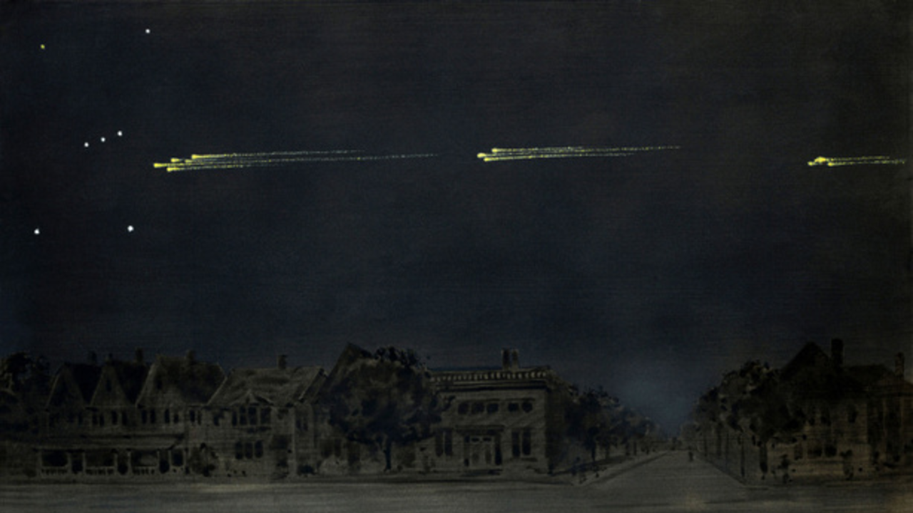 a painting of meteors in the sky