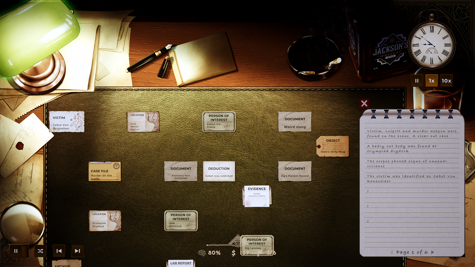 Looking at clues on a 1930s desk in Obsidian Moon.