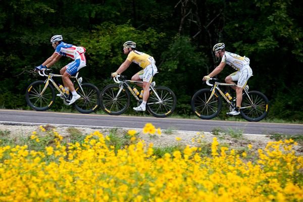 Mark Cavendish (Columbia-HTC) stays tucked in behind teammate George Hincapie.