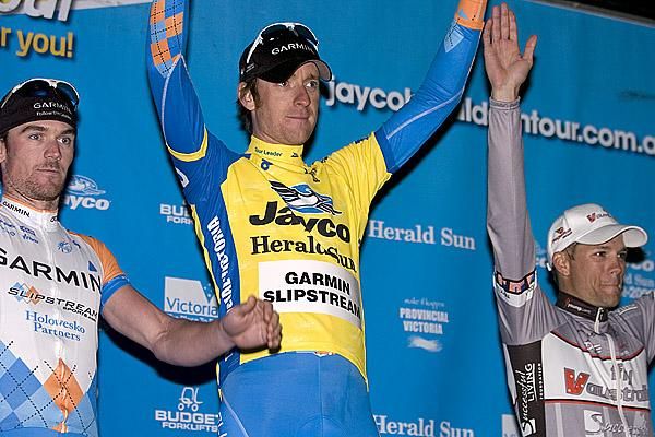 The Tour's final top three on GC (l-r): Chris Sutton (2nd), Brad Wiggins (1st) both of Garmin-Slipstream, and Fly V Australia's Jonathan Cantwell (3rd).
