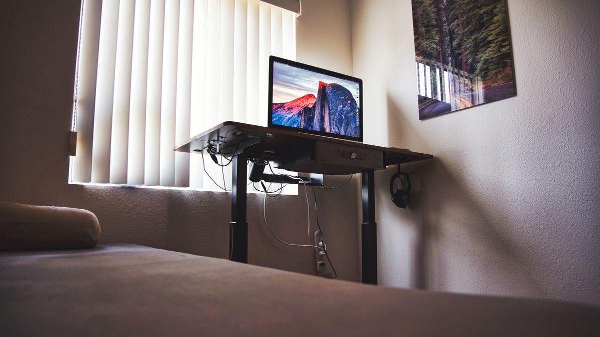 Standing desk positioned near a window