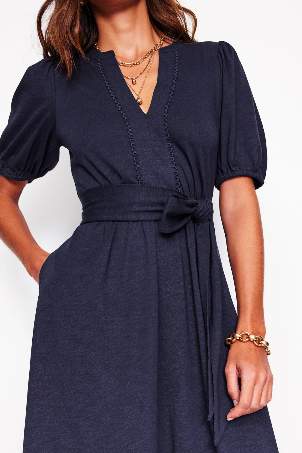 Sofia Trim Jersey Midi Dress-Navy