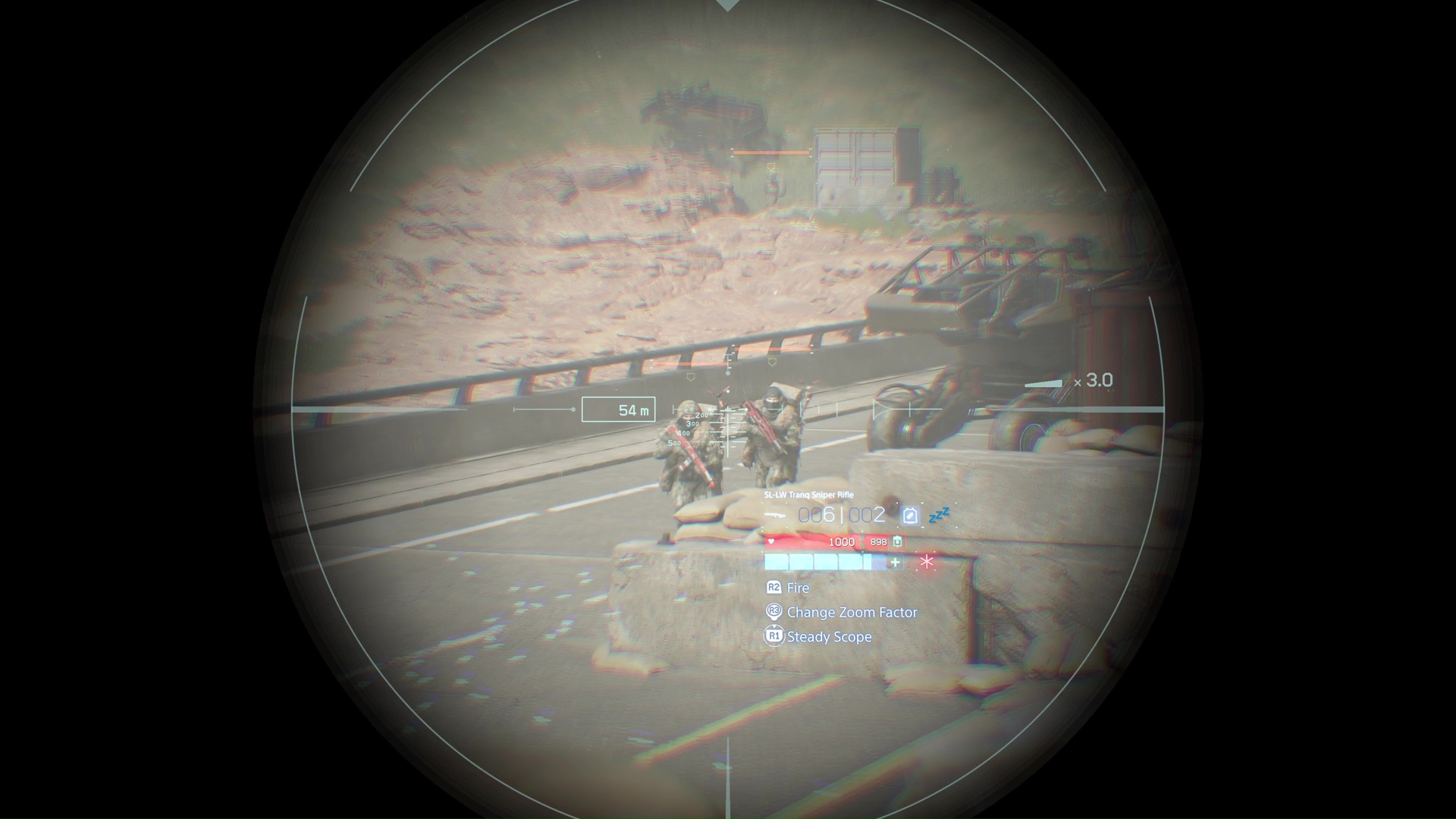 Sam lines up a headshot on a bandit in Death Stranding 2