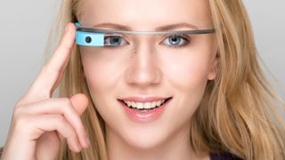 Google Glass smart glasses being worn by blonde woman