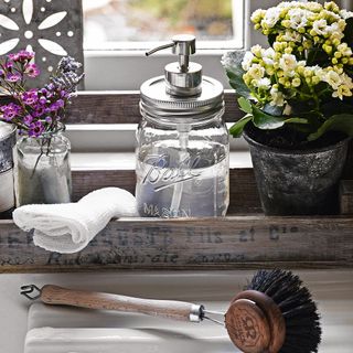 cleaning bleach solution with flower vase and brush