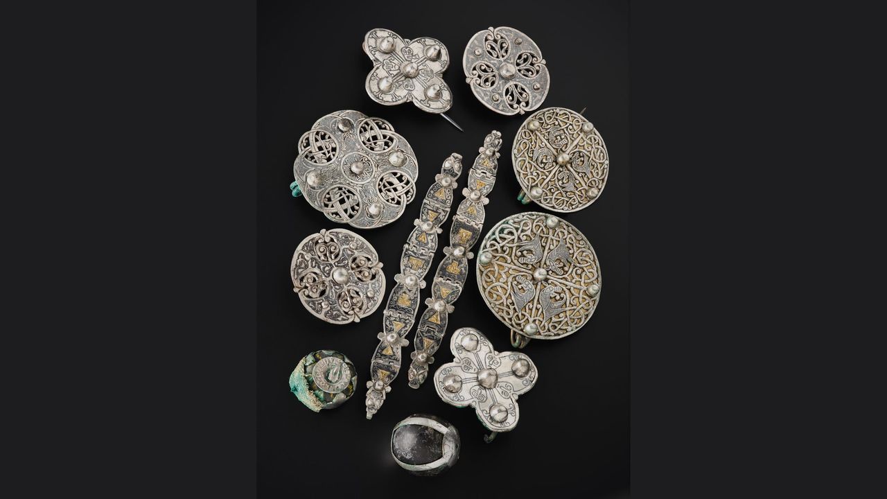 Anglo-saxon metalwork from inside the lidded vessel from the Galloway Hoard.