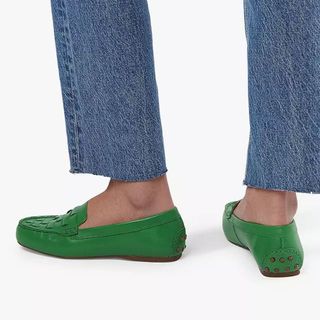green leather woven loafers