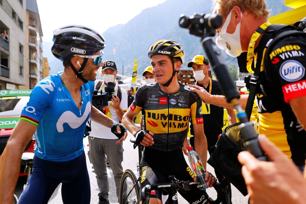 ANDORRELAVIEILLE ANDORRA JULY 11 Alejandro Valverde of Spain and Movistar Team Sepp Kuss of The United States and Team JumboVisma stage winner celebrates at arrival during the 108th Tour de France 2021 Stage 15 a 1913km stage from Cret to AndorrelaVieille LeTour TDF2021 on July 11 2021 in AndorrelaVieille Andorra Photo by Thomas Samson PoolGetty Images