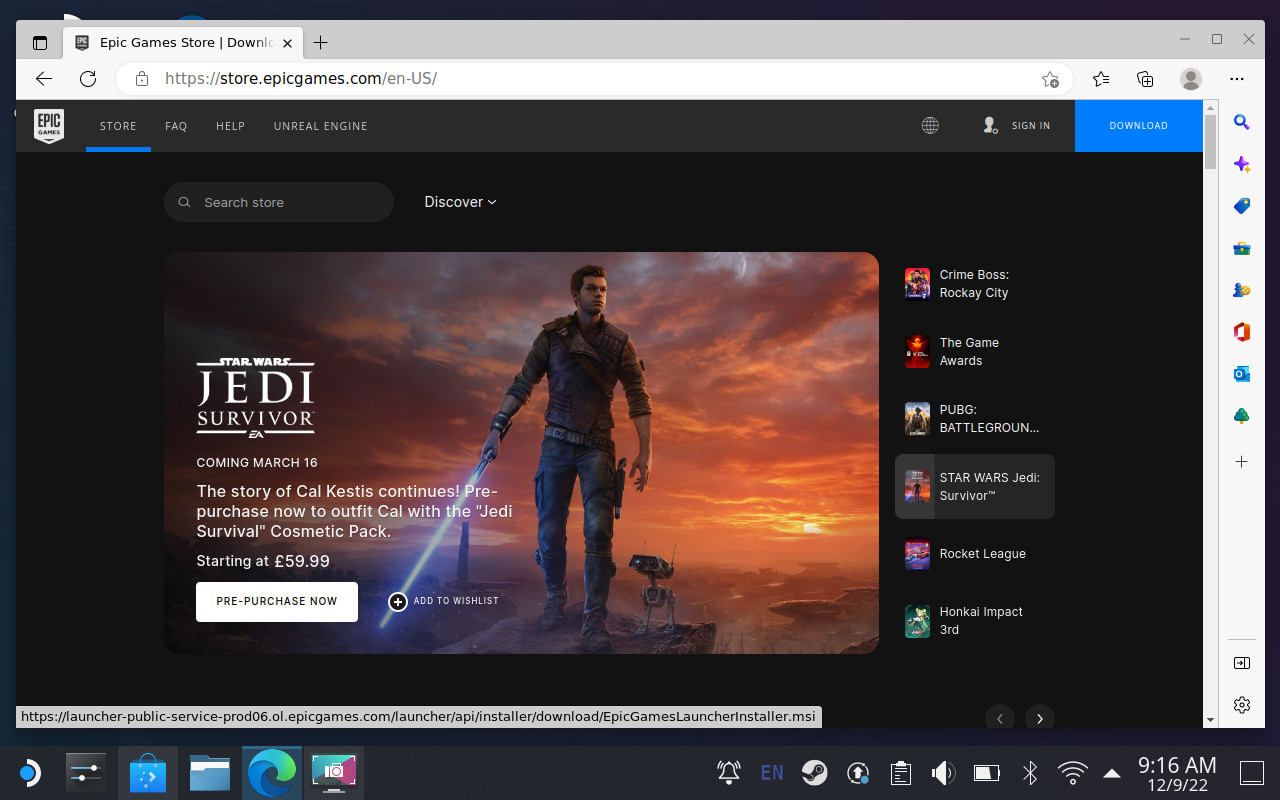 Официальный сайт Epic Games Store в настольном режиме SteamOS через Microsoft Edge