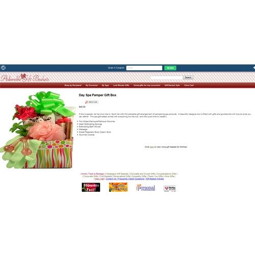 Adorable Gift Baskets image: The product page has a large image and description, but no image zoom or customer reviews.