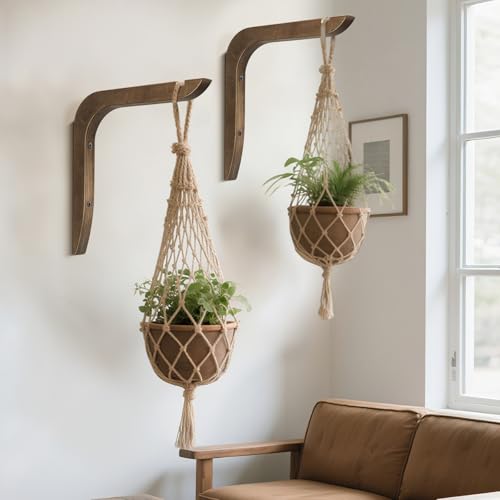 Wooden Plants Hanger, Plant Hangers Indoor Wall Mount, 8.58-Inch Hanging Plant Hooks for Wall, Basket Hooks for Lanterns, Flower Bracket, Wind Chimes, Lamp, Bird Feeders, Patio Decor(brown 2pcs)