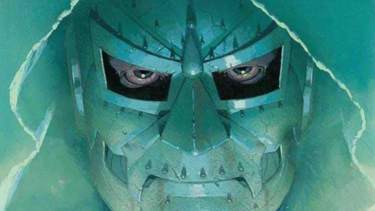 Best Doctor Doom comics: A close-up of Doctor Doom&#039;s mask in the Marvel comics. 