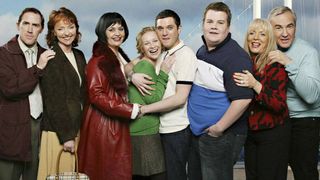 Joanna Page posing with the Gavin and Stacey cast members