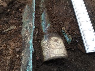 The gold-decorated socket of a Bronze Age spearhead emerges from the soil in Scotland.