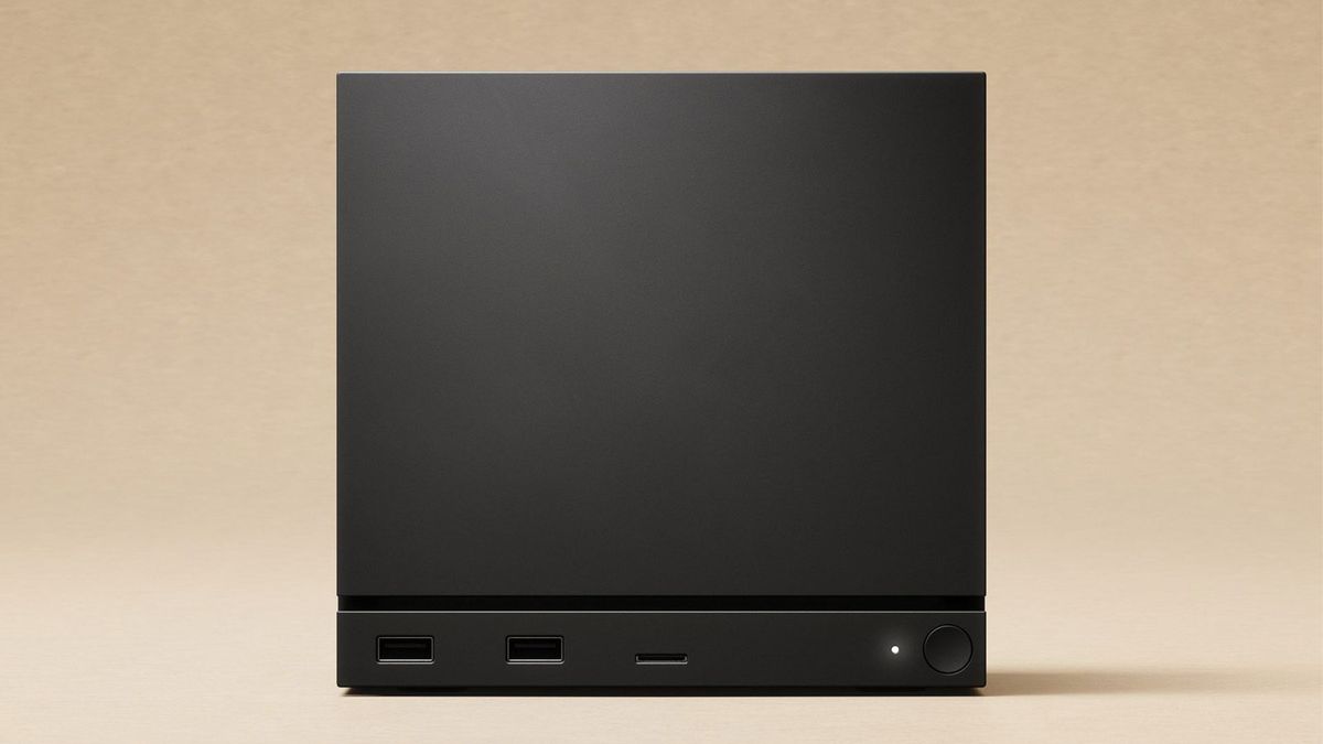 Steam Machine photograph showing the front of the cube-shaped console