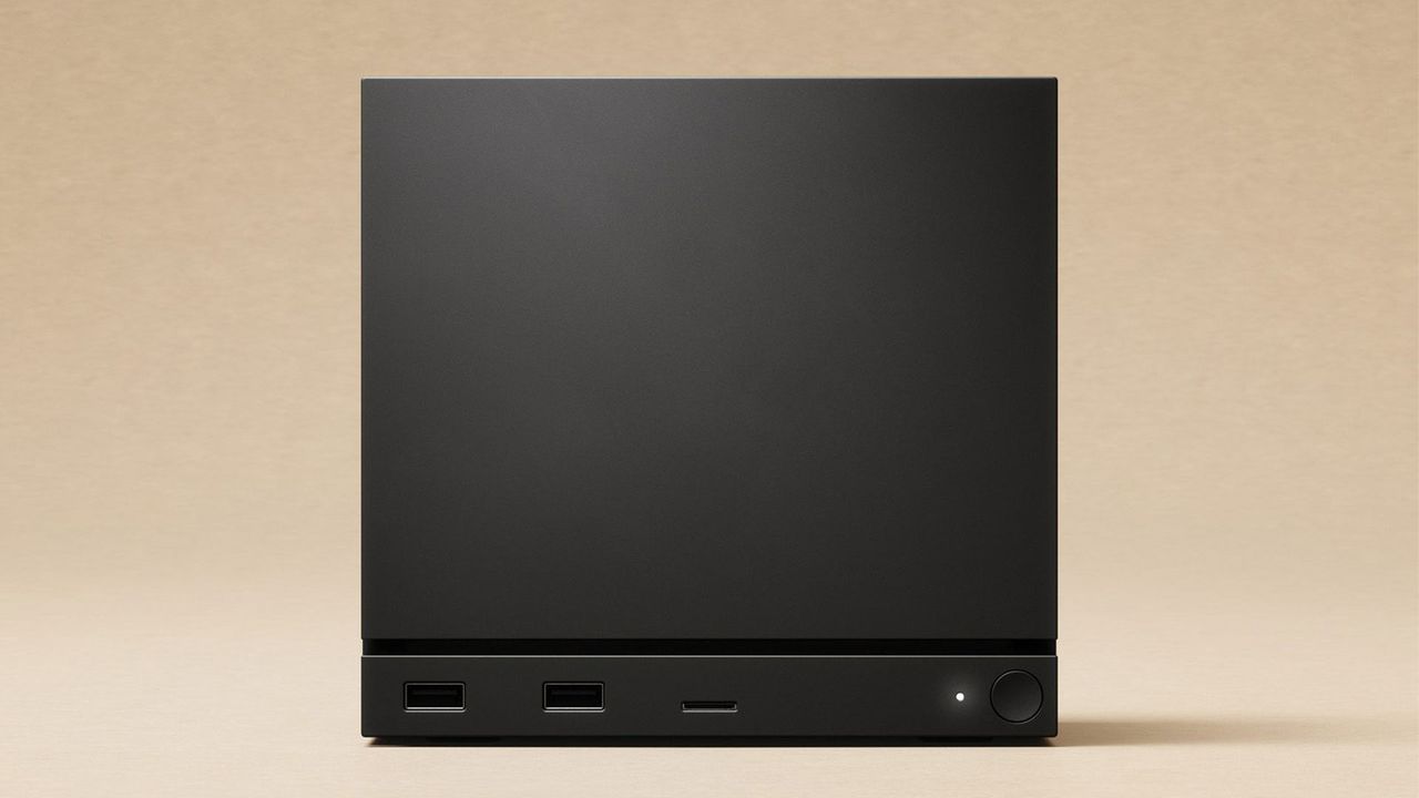 Steam Machine photograph showing the front of the cube-shaped console