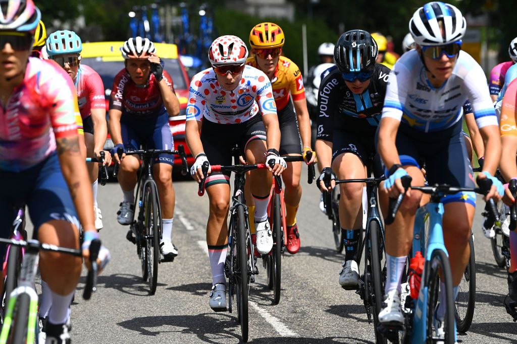 LE MARKSTEIN FRANCE JULY 30 Femke Gerritse of Netherlands and Team Parkhotel Valkenburg Polka Dot Mountain Jersey competes during the 1st Tour de France Femmes 2022 Stage 7 a 1271km stage from Slestat to Le Marksteinc TDFF UCIWWT on July 30 2022 in Le Markstein France Photo by Tim de WaeleGetty Images