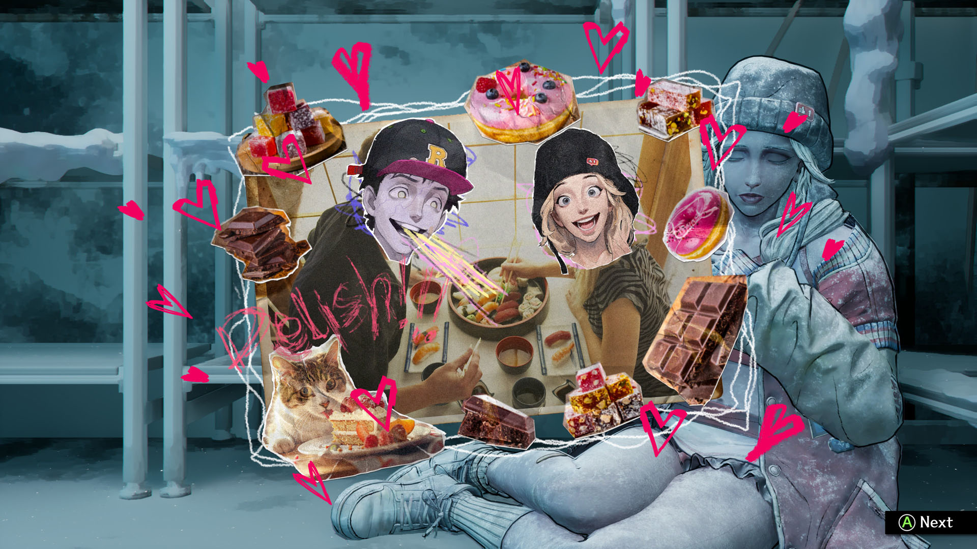 A zine-like collage shows Davy and his unfrozen cheerleader crush hanging out at restaurant in Stupid Never Dies, superimposed over the freezer where she remains frozen