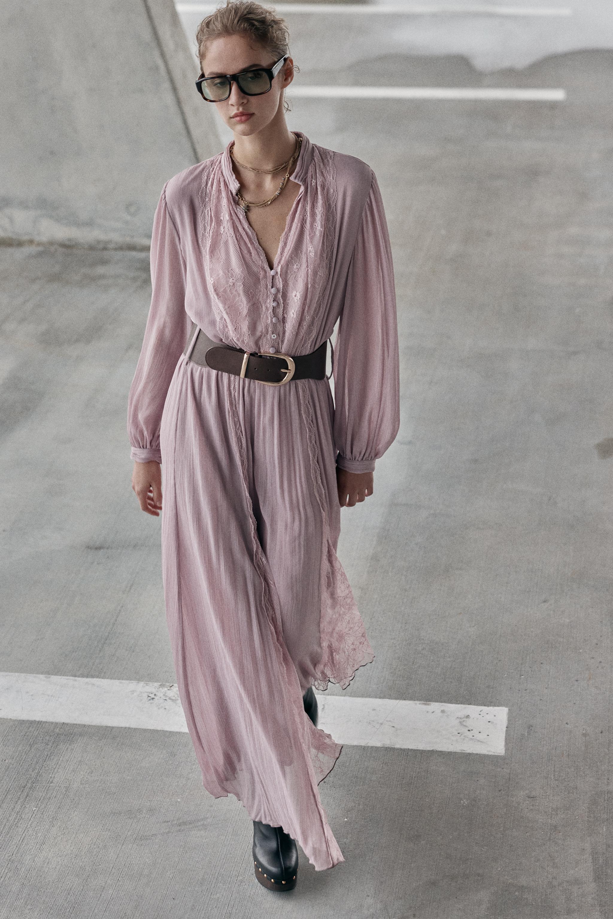 Belted Combination Midi Dress