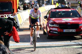 VALLTER 2000 SETCASES VALL CAMPRODON SPAIN MARCH 24 Arrival Joo Almeida of Portugal and Team Deceuninck QuickStep Green Leader Jersey during the 100th Volta Ciclista a Catalunya 2021 Stage 3 a 2031km stage from Canal Olmpic de Catalunya to Vallter 2000 Setcases Vall Camprodon 2125m Disappointment VoltaCatalunya100 on March 24 2021 in Vallter 2000 Setcases Vall Camprodon Spain Photo by David RamosGetty Images